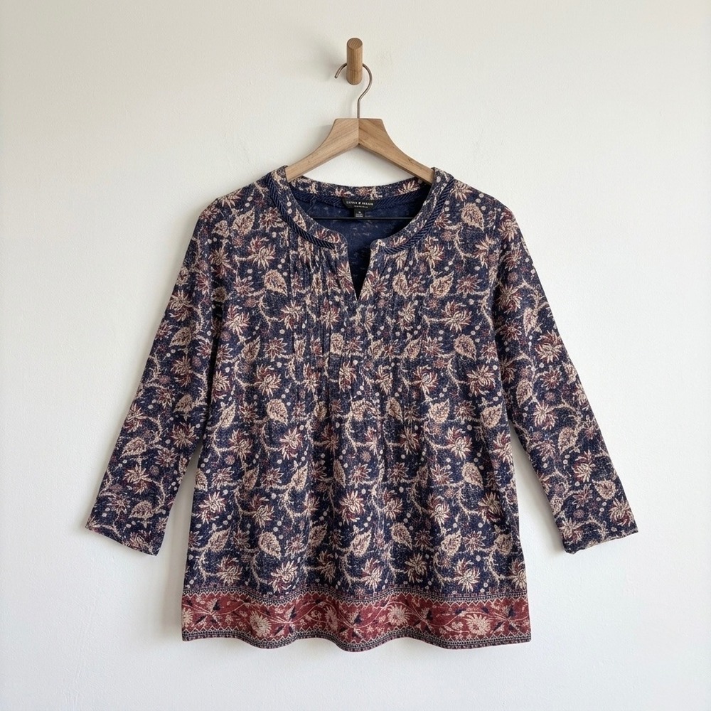 Lucky Brand Womens Blue Floral Woodblock Print 3/4 Sleeve Split Neck Top Small